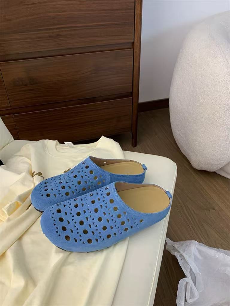 

Мода 2025Мода Баотоу Ажурная Перфорация Замшевая Кожа Однотонные Лаконичные Полушлепанцы Женские Круглый Носок Натягивающиеся Мюли Пляжная Обувь 35 синий
