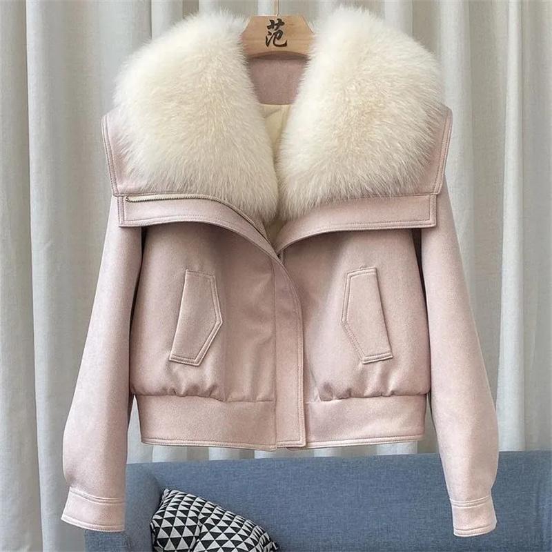 Zimní bunda z liščí kožešiny z trávy Dámská Krátká tlustá zateplená bunda Parker Dámské motocyklové bundy na zip