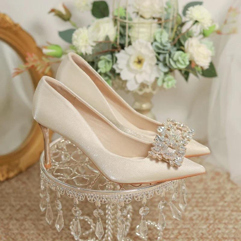 Women s Crystal Square Buckle High Heels Pumps 2024 Elegant Silk Thin Heeled Wedding Shoes Woman Slip On Pointed Toe Dress Shoes 34 2969₽