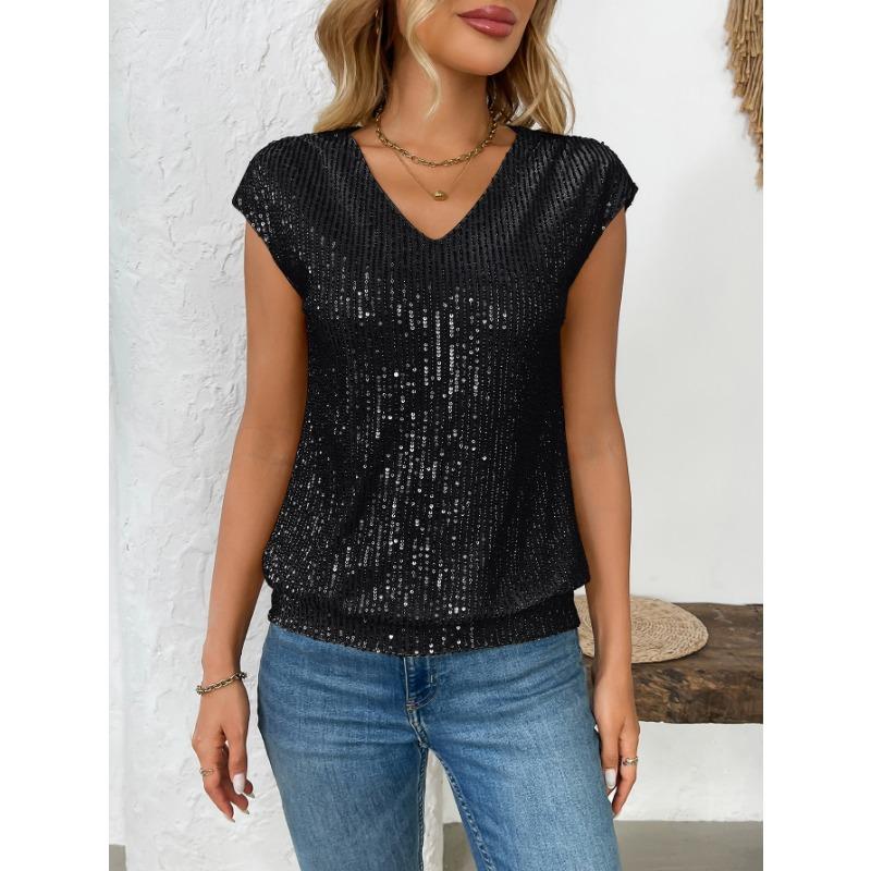 Летние Новые Женские Топы и Жилеты с V-образным вырезом и пайетками, с короткими рукавами для женщин S чёрный