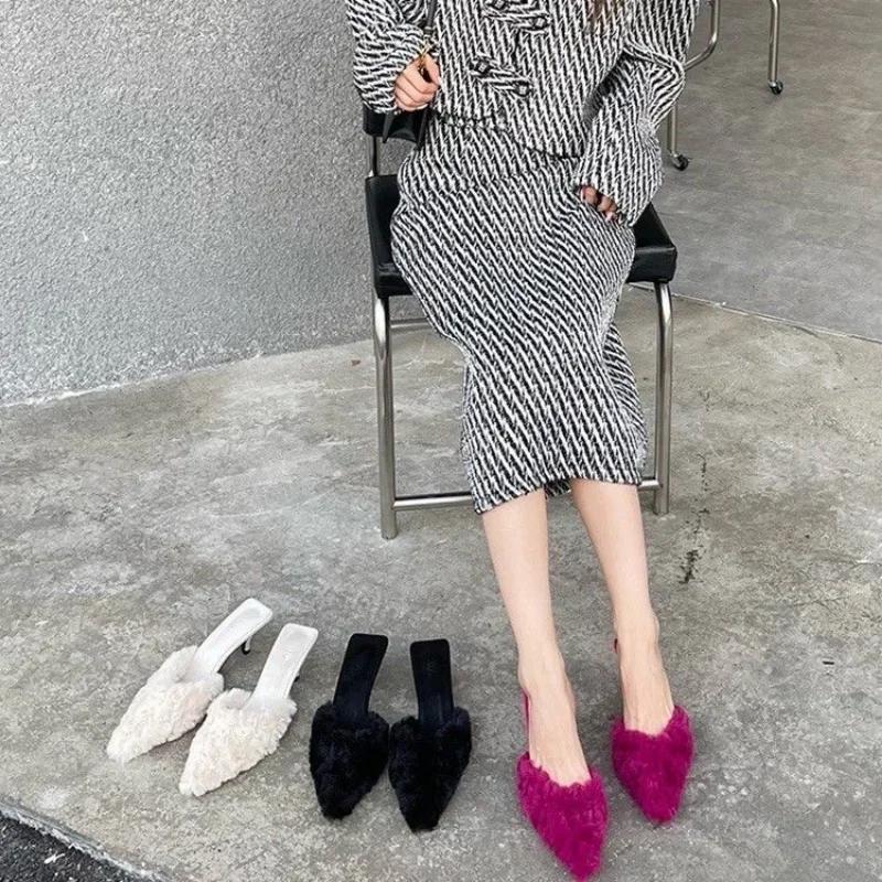 Fashion Women High Heels Shoes Suede Slippers 2025 New Trend Spring Fashion Party Sexy Pumps Casual Ladies Stilettos Sandals Fur Mujer