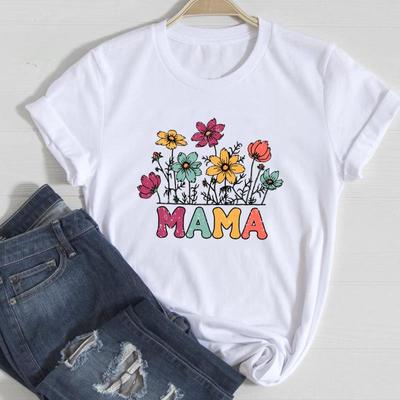(Asian Size)Tee Top Flower Letter Mom Mama Cute 90s Fashion T Shirt Women Print Lady Clothing Casual  Short Sleeve Female Graphic T-shirt