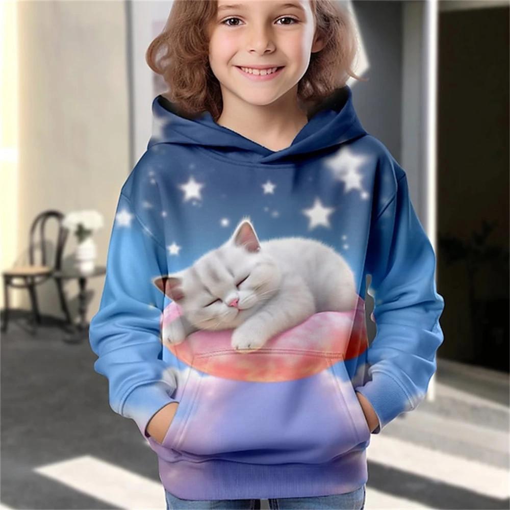 Children Boys Girls Hoodie Tops Cat Print Spring Autumn Print Sweatshirt Toddler Leisure Outdoor Clothes Coat Clothing