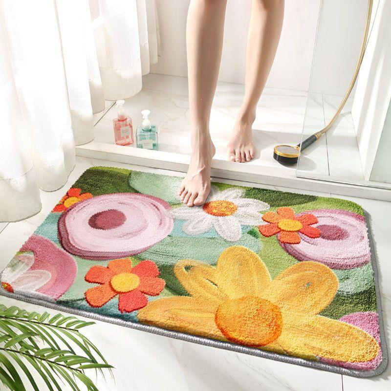 Badezimmerteppichmatte, Weißer Blume Badezimmerteppiche Flauschig Weich Superfeine Faserteppiche Rutschfeste Badematte Maschinenwäsche Plüschmatten, Badezimmerteppich