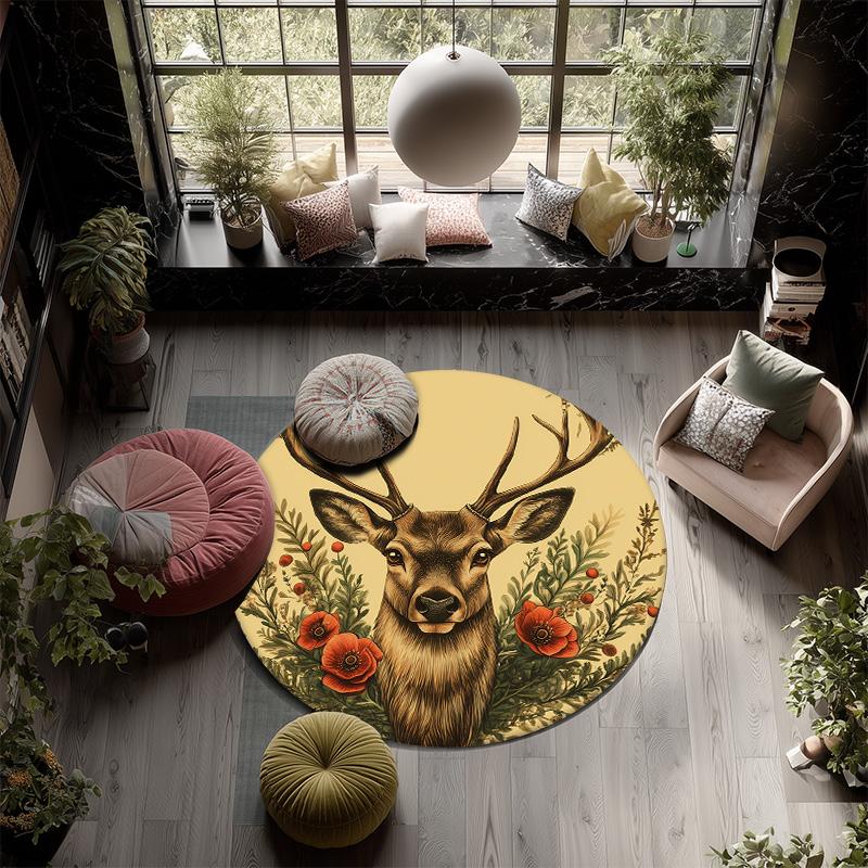 Deer Antler Flowers,Round Area Rug,Carpet Rug for Living Room Bedroom Sofa Playroom Decor,Non-slip Floor Mat