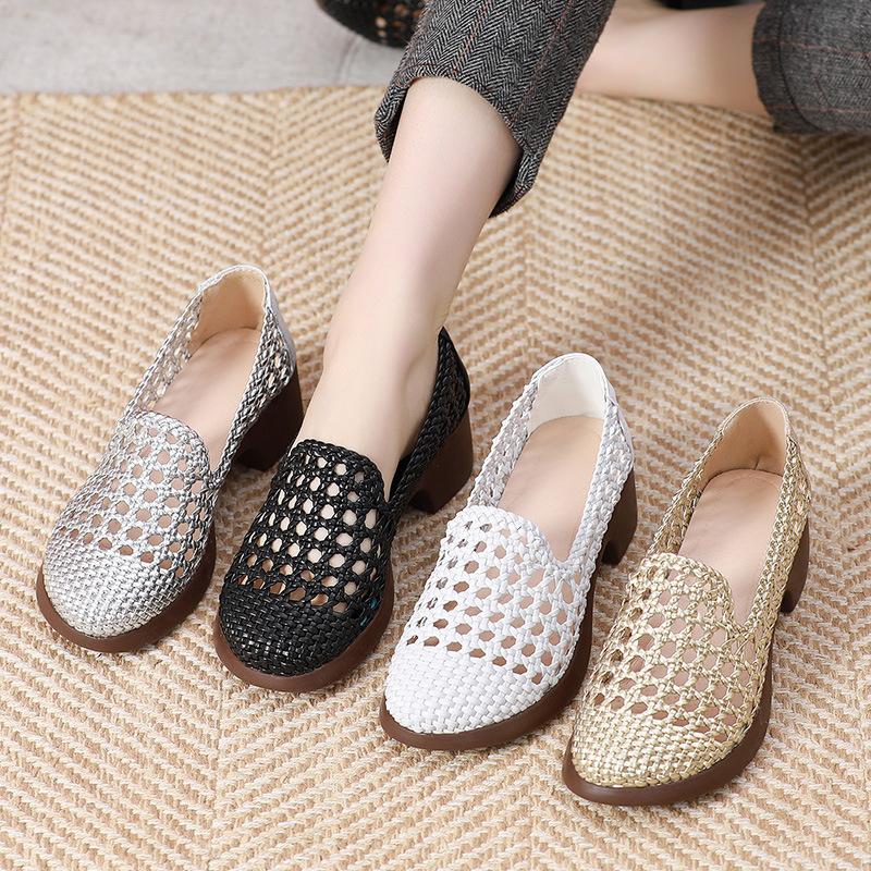 2025 Summer Hollow Woven Breathable Shoes Women Sandals Big Size Thick Heels Genuine Leather Shoes Summer Casual Sandals