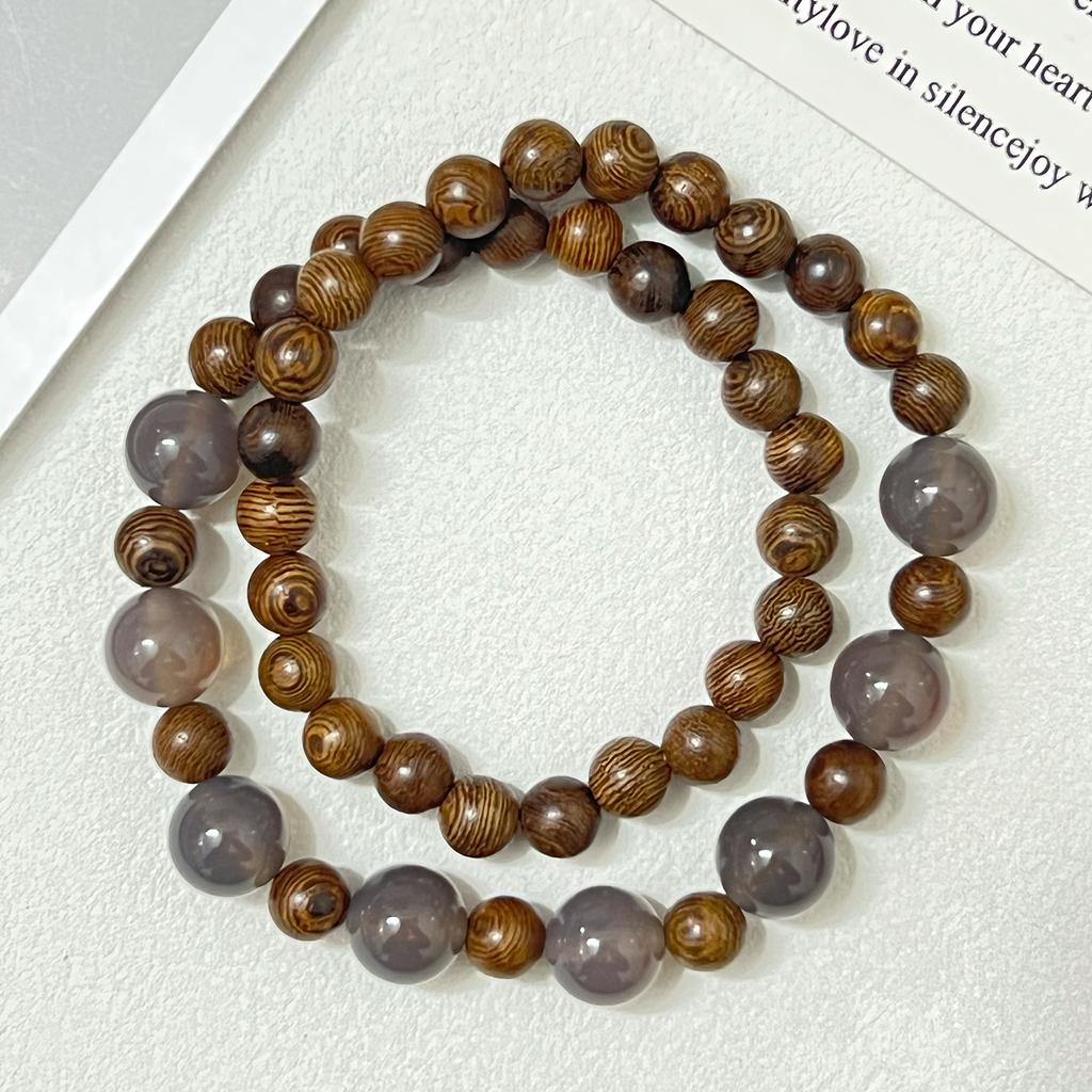 Double Layered Wooden Bracelet with Natural Agate Stone for Men 8mm Round Beads Bangle Multilayered Wristbands
