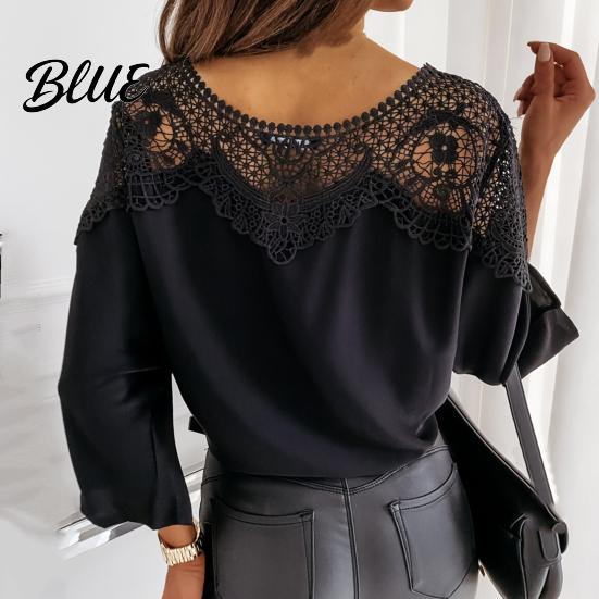 Women Shirt Lady Top Crochet Solid Color Round Neck Winter Lace Stitching Hollow Fall for Work Blouse