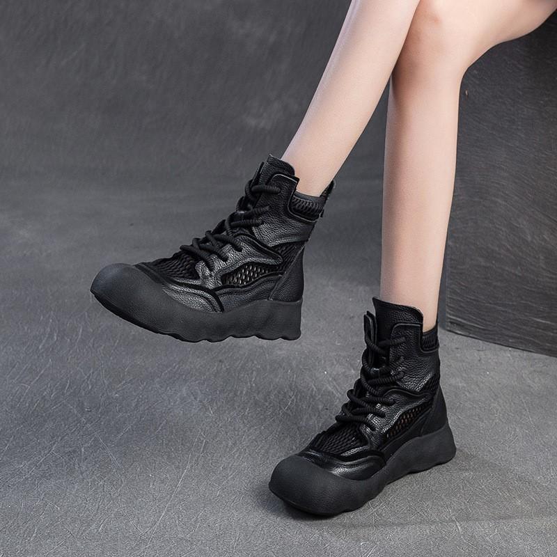 GKTINOO 2025 Spring/Summer New Hollow-out Breathable Retro Short Boots Genuine Leather Thick Soled Women's Shoes