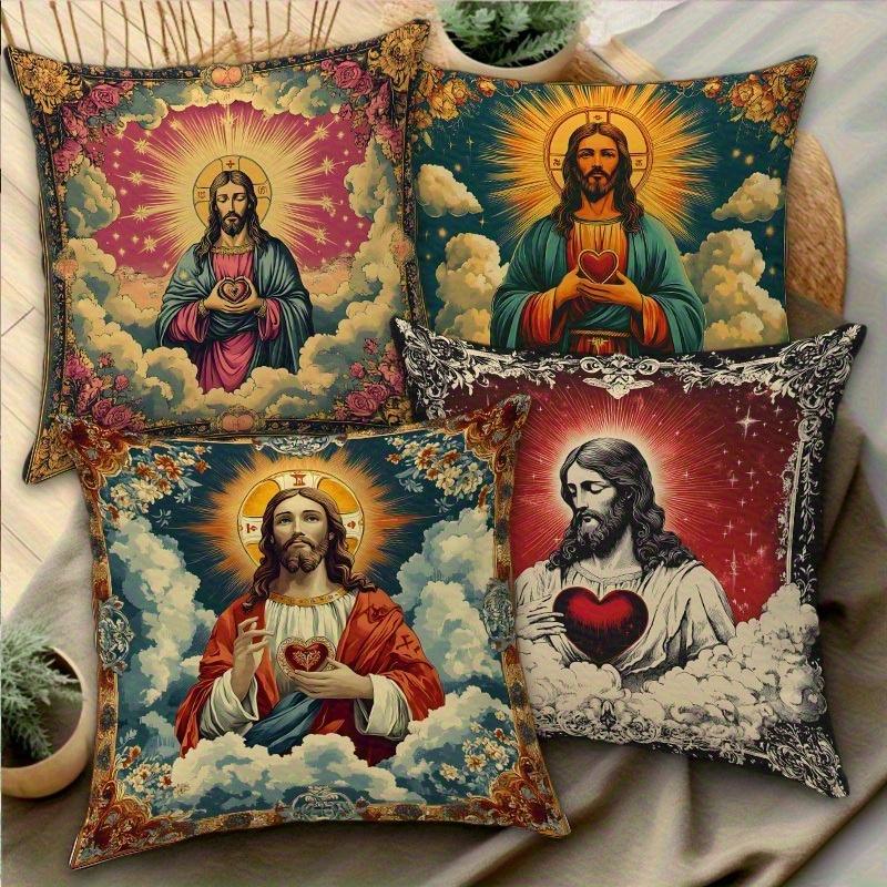4Pcs Double-Sided Printed Throw Pillow Covers, Vintage Religious Cloud Floral Print Cushion Cases, Christian Faith Decor