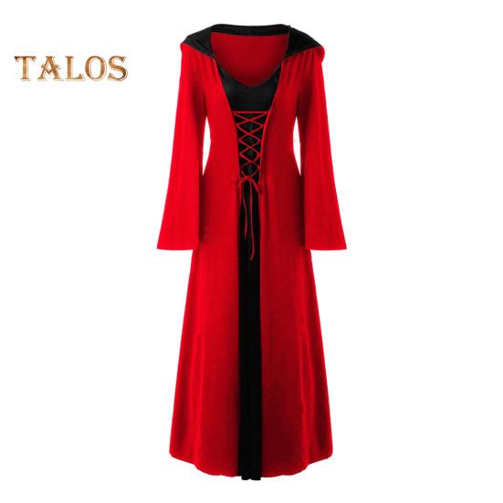 Women Cosplay Dress Dark Style Halloween Party Witch Costume Lace-up Strap Hooded Color Matching Long Horn Sleeves A-line Performance Dress