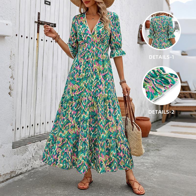Women's Green Pink Abstract Print Tiered Maxi Dress, V Neck Half Puff Sleeve Smocked Waist Summer Casual Long Dress