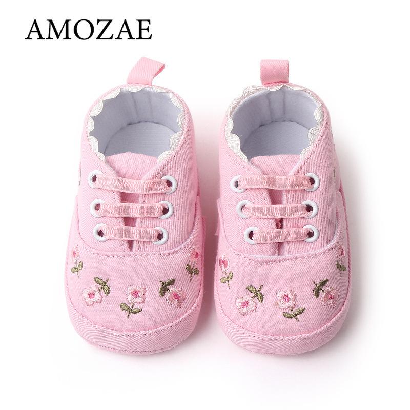 Baby Lauflernschuhe Weiß Rosa Floral Bestickt Weiche Sohle Rutschfest Prewalker Kleinkind Leinwand Sneaker