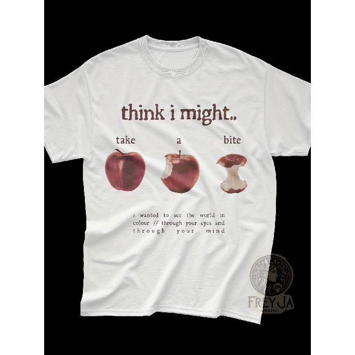 Beabadoobee S Unique Humorous Thinkingapple Graphic T-Shirt - Inspired by The Lyrics of THINK I Might Take a Bite - Merchandise from The Album S белый