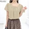 ZANZEA Women Casual Round Neck Solid Color Summer Short Sleeve Blouse