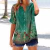 Women's loose printed stand collar short-sleeved cotton and linen top
