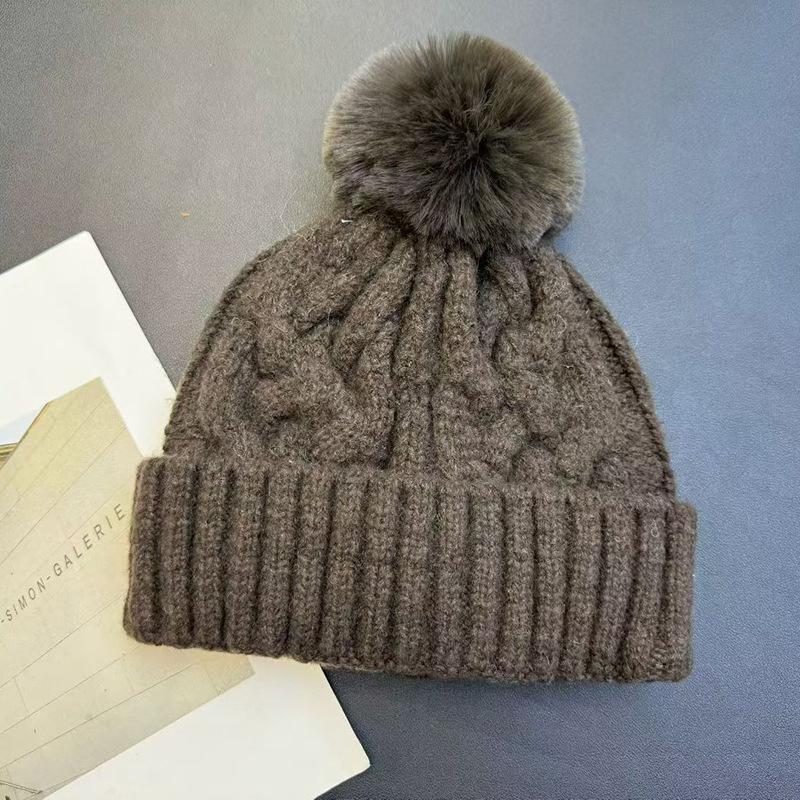 Twist Knitted Double-layer Wool Hat Autumn and Winter Twist Hairball Wool Hat Women's Thickened Cold Hat Warm Knitted Hat