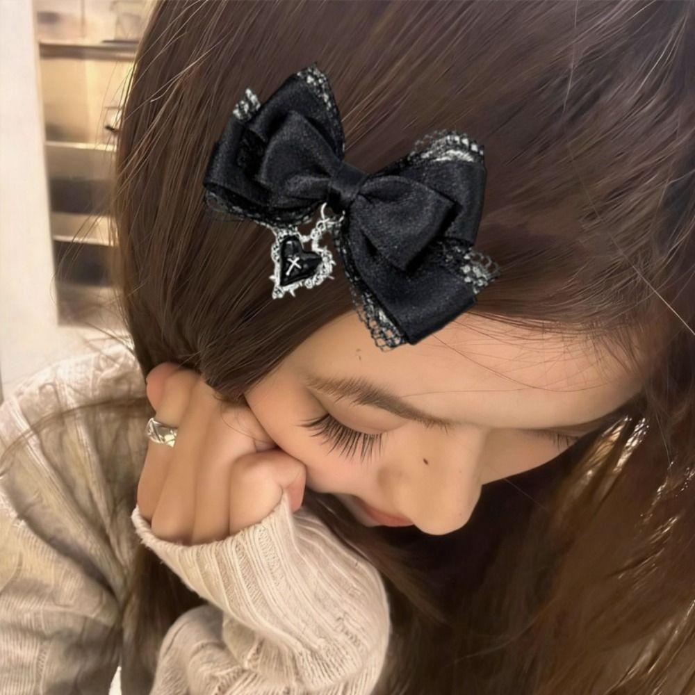 Webbing Gothic Lolita Hair Clip Heart Pendant Cross Pendant Cross Hair Clip Black Lace Bow Sweet Cool Girls Hair Clip