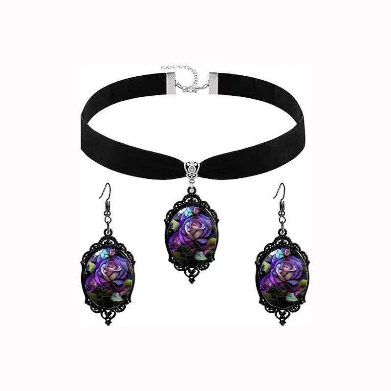Retro Oil Painting Rose Floral Necklace & Earring Set