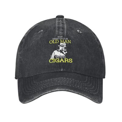 Never Underestimate An Old For Man Who Smokes Cigars Denim Hat Outdoor Adventures Mens Hats Women's Baseball Cap