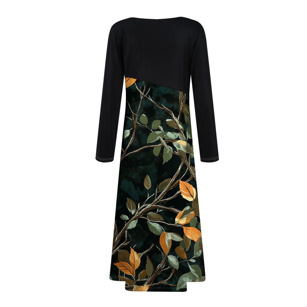 Women's Casual Fashion V-neck Long Sleeve Dress Leaf Print Waist Pocket Large Swing Dress