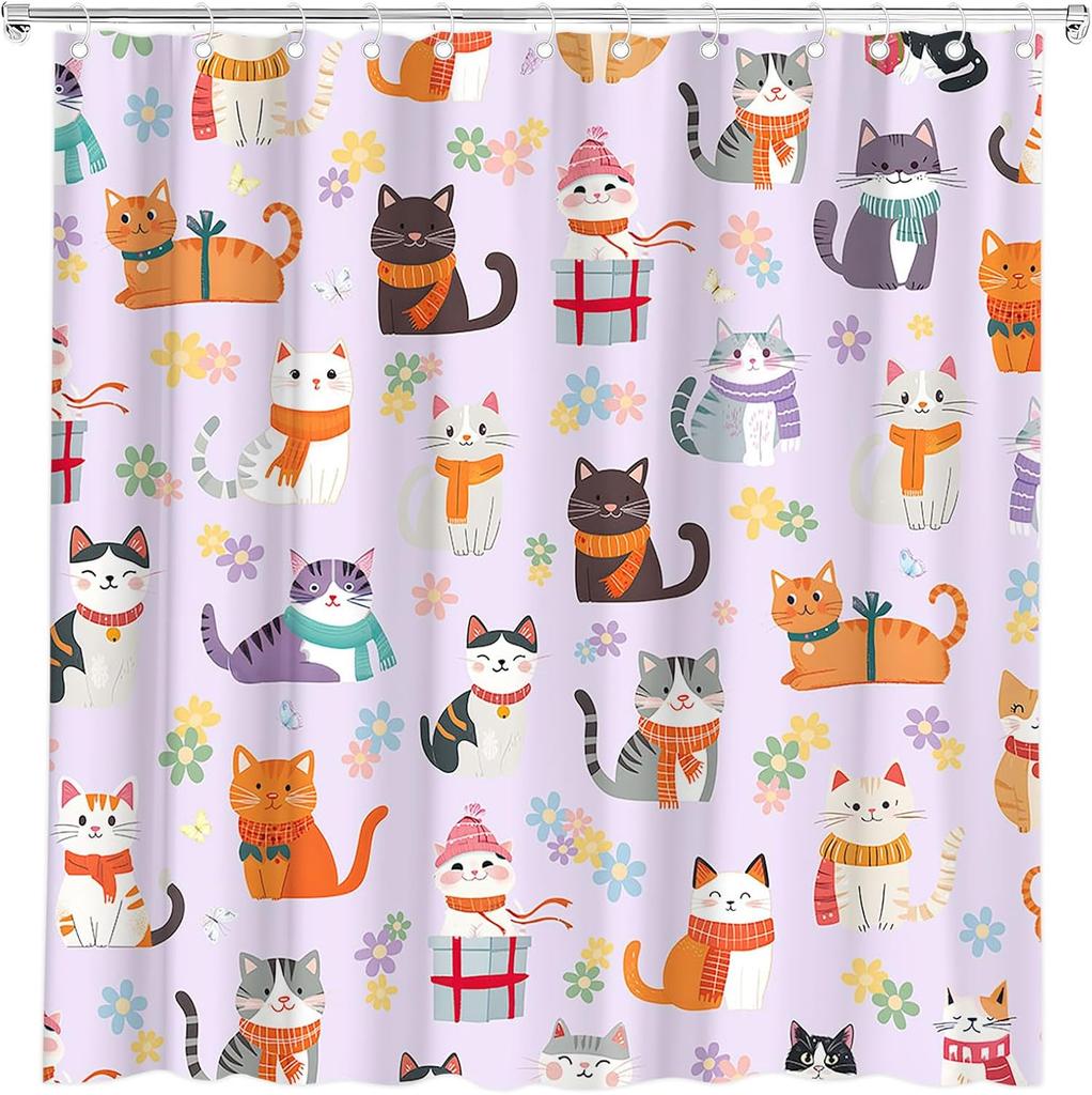 Lustiger Katze Duschvorhang Abstraktes Kätzchen Bunt Niedlich Floral Schmetterling Liebliche Haustiere Cartoon Tier Wildblume Modern Minimalismus