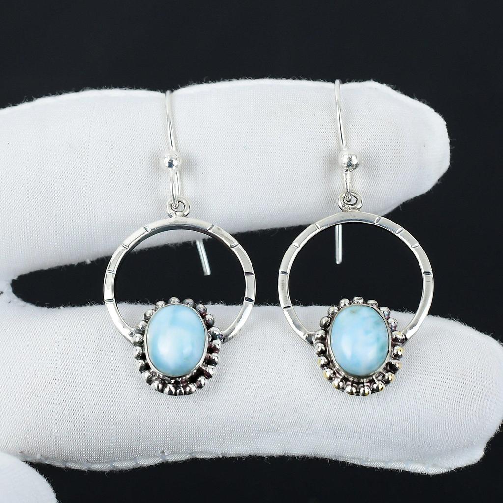 Natural Larimar Gemstone Earrings, 925 Sterling Silver Earring, Handmade Boho Silver Jewelry Dangle Earrings, Anniversary Gifts