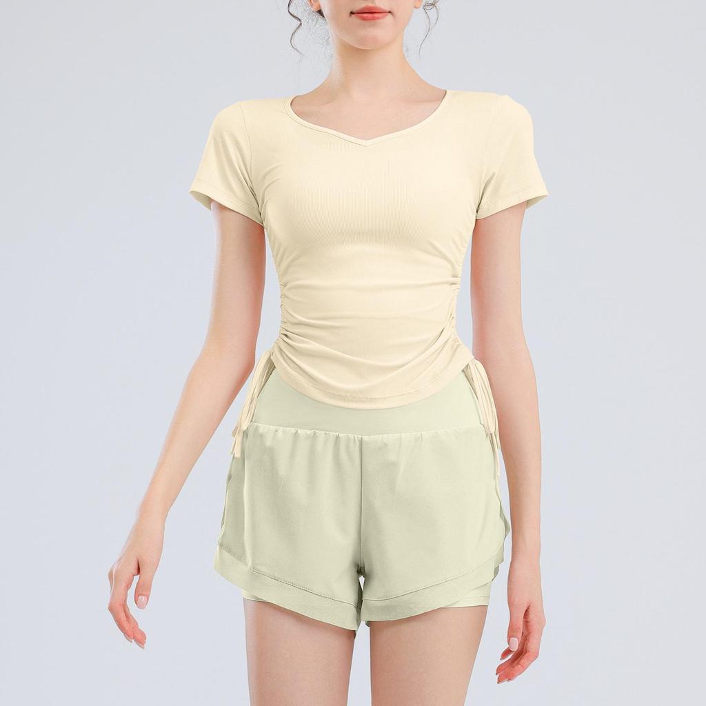 Women's V-Neck Short Sleeve Sports T-Shirt - Solid Color, Breathable, Slimming Fitness Top for Spring/Summer.