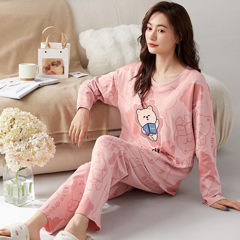 

Женский высококачественный хлопковый пижамный комплект - С длинным рукавом, Длинные брюки, Повседневная домашняя одежда или одежда для общежития на весну и осень L (95-115 jin)