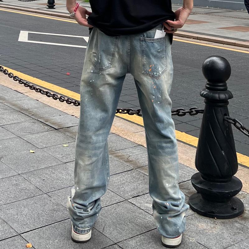 JYL Mens Jeans Vintage Crack Washed Pleated Whisker Cleanfit Denim