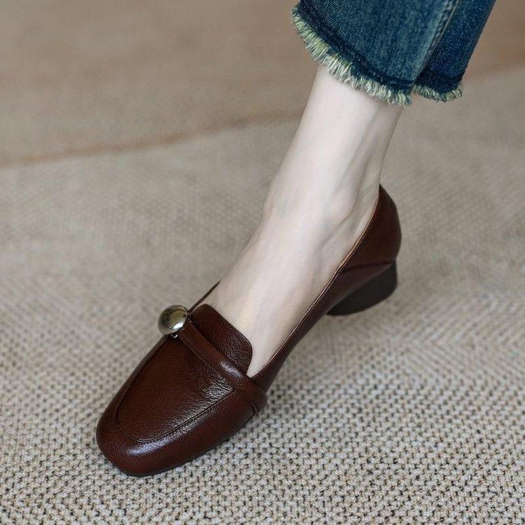 Thick Heel Soft Sole Small Leather Shoes Autumn Retro Women's Shallow Mouth Single Shoes New Versatile Soft Leather Doudou Shoes