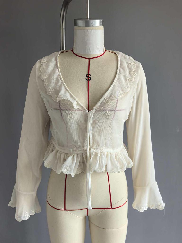 European & American Style Women's Chiffon Shirt with French Lace-up Waist, Embroidered Ruffles, and Long Sleeves