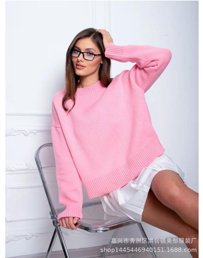 Crew neck sweater women's European, American autumn and winter new solid color versatile casual lazy pullover knitted sweater top