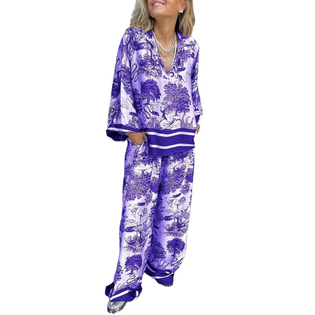 2024 V-neck Print Long Sleeve Women's Fashion Set with Pockets