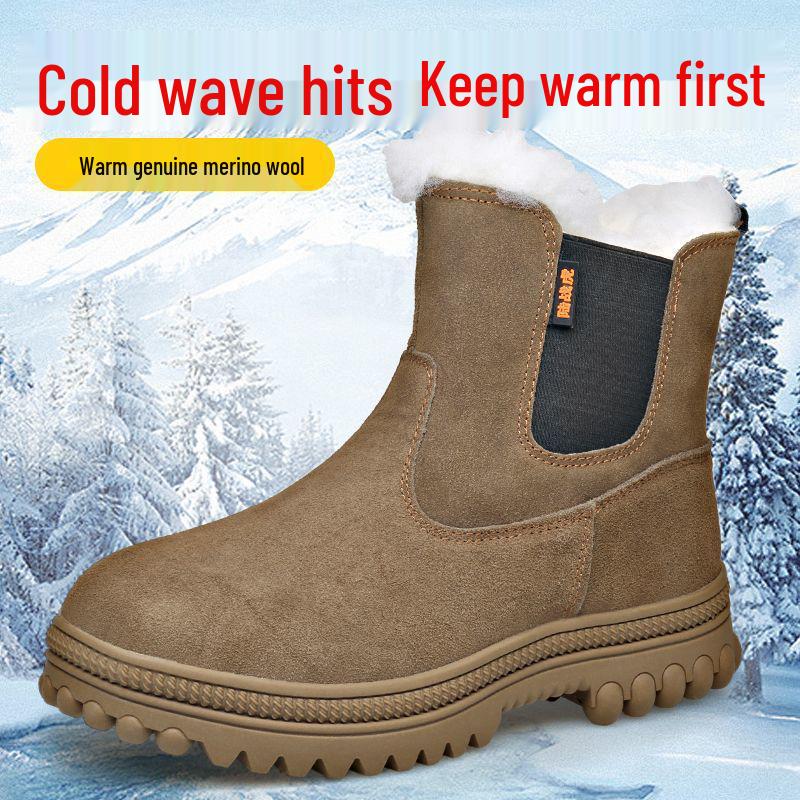 Men's Winter Wool High-Top Leather Snow Boots, Thick & Warm, Non-Slip Outdoor Mongolian Horse Style.