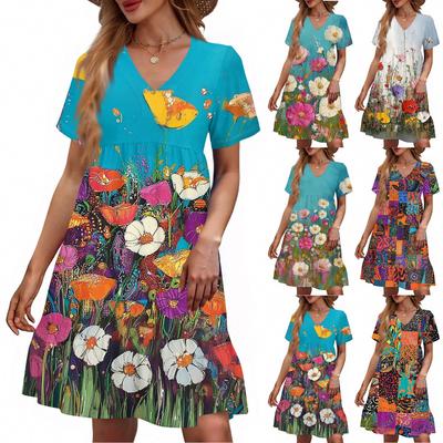 Women's Casual Fashion V-Neck Short Sleeve Floral Print Dress
