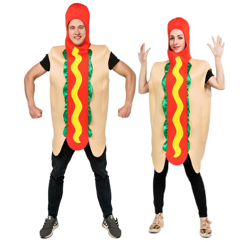 Adult men's and women's funny hot dog party costumes, spoof food couple's stage performance clothes hot dog onesie