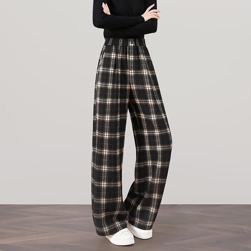 

Women s Retro Plaid Elastic Waist Wide-Leg Pants M