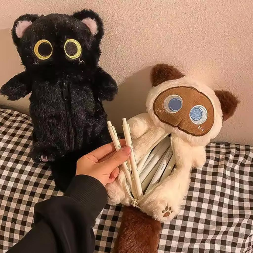 Cartoon Plush Big-Eyed Cat Pencil Case Super Soft Fun Doll Large Capacity Pencil Bags Multi-Functional Stationery Storage Bag