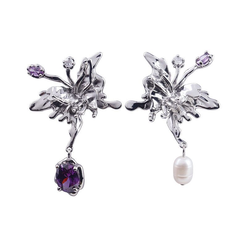 Niche Style Heavy Industry Earrings Exaggerated Types A and B Purple Crystal