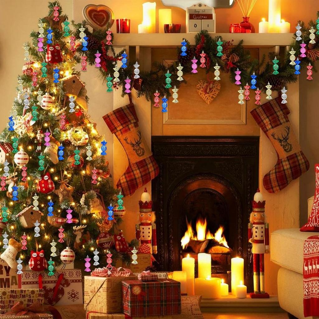 6Pcs Electroplating Plastic Candy Christmas Decoration Flat Candy Shape Xmas Hanging Ornament