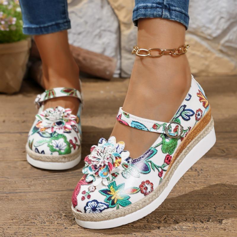 Large size wedge heel single shoes summer straw woven platform high heel women's shoes buckle round head single shoes