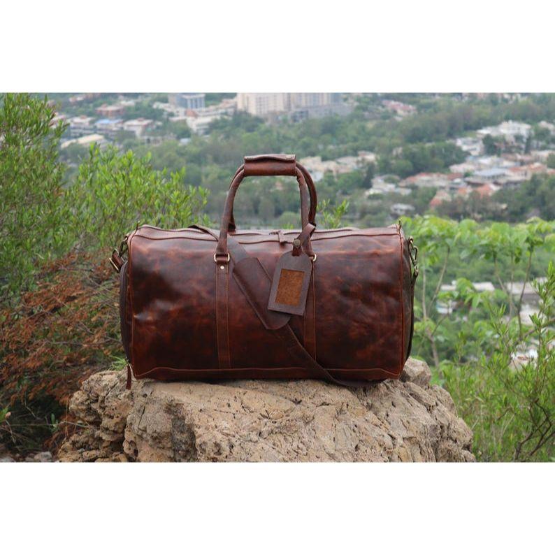 Buffalo Leather Duffle Bag: Handmade Burgundy Weekender Holdall