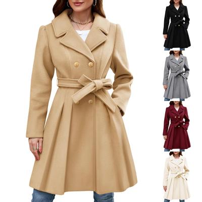 Damenmode Slim-Fit Zweireihiger Revers Wollmantel Einfarbig Oberbekleidung