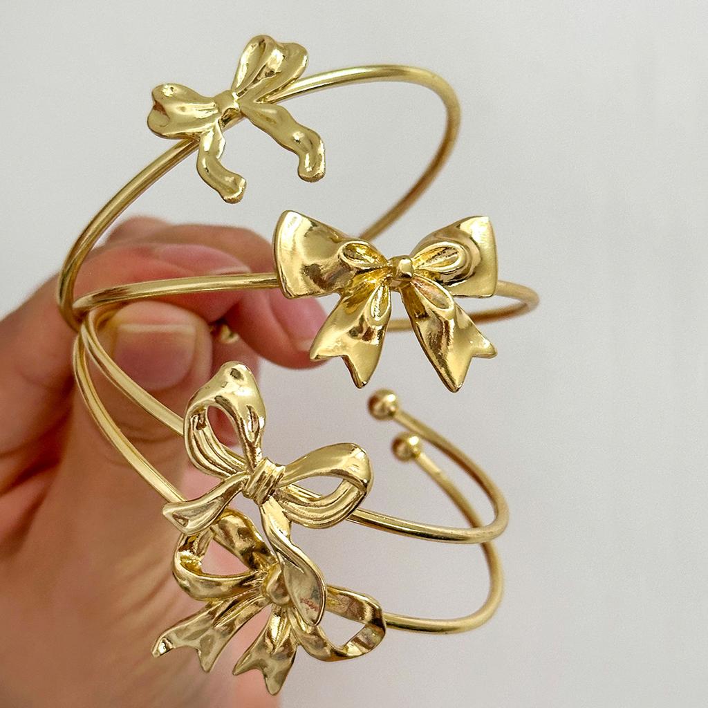 iF ME 2pcs Gold Color Flower Bowknot Open Cuff Bangle Set For Women European & American Minimalistic Elegant Design Bracelet Jewelry