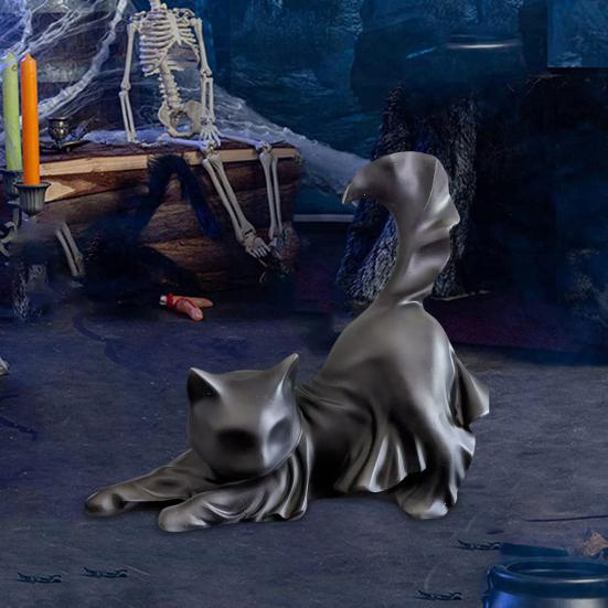 Black Ghost Cat Statue Resin Halloween Ghost Cat Figurine Gothic Feline Sculpture