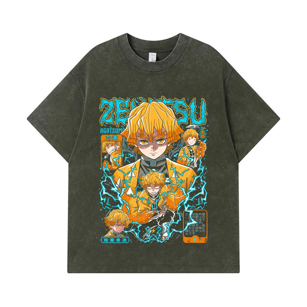 

275 GSM Washed T-shirts 100% Cotton Demon Slayer V100 Zenitsu Print Unisex Heavy Cotton T Shirt S армия зеленый