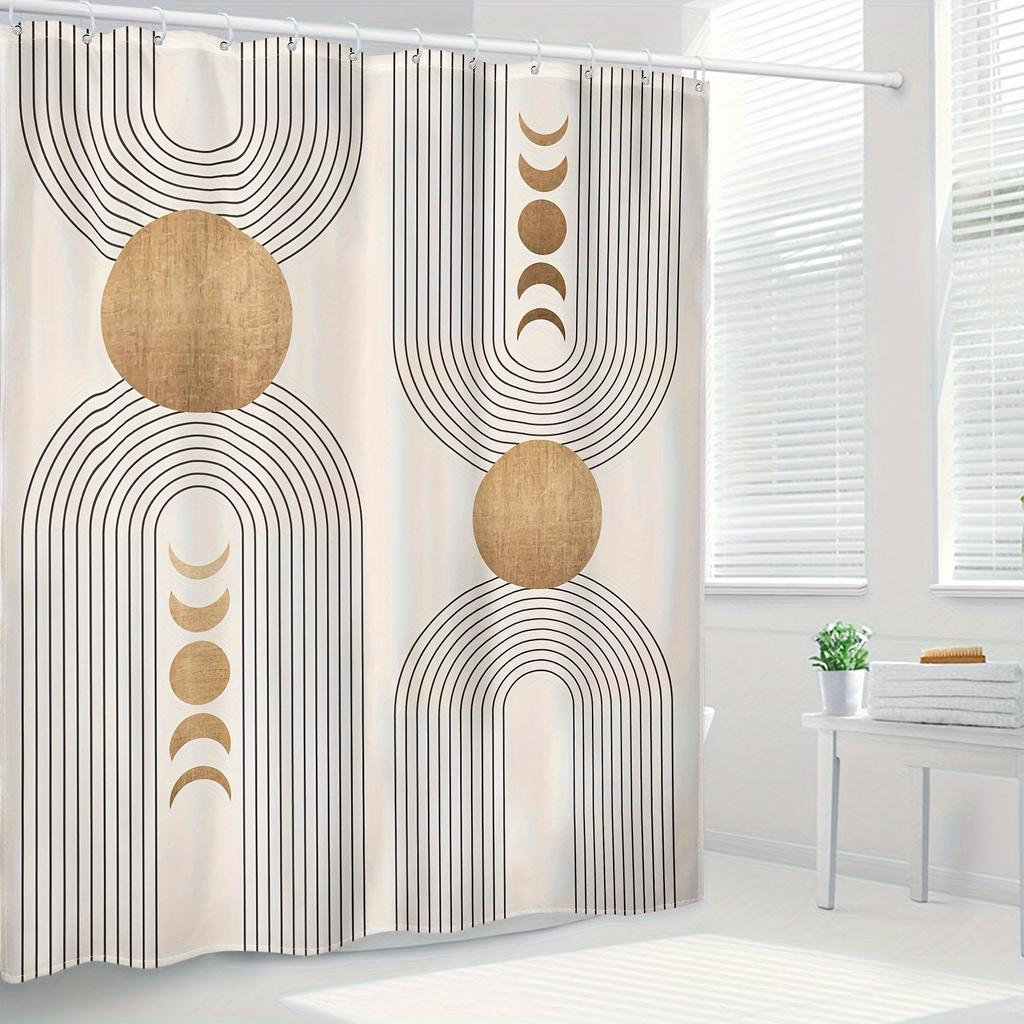 Abstract Mid-Century Curtain - 72x72In, Bohemian Minimalist, Waterproof Beige & Black, 12 Hooks