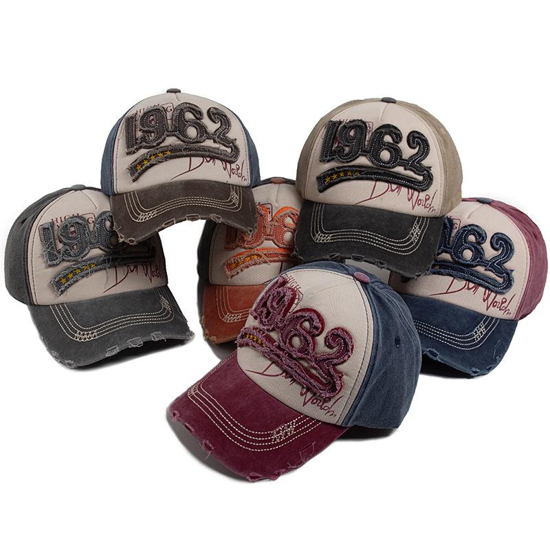 Vintage Washed Distressed Baseball Cap Men Embroidered 1962 Color Block Peaked Hat Casual Sun Protection Hat for Women