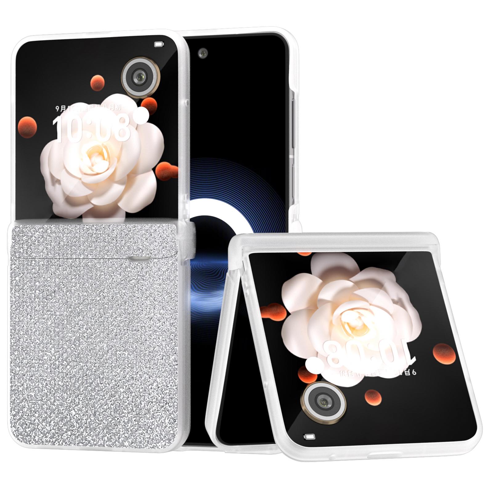 

For Honor Magic V Flip 5G Case Hinge Protection Leather+PC Phone Cover Glitter Texture Silver